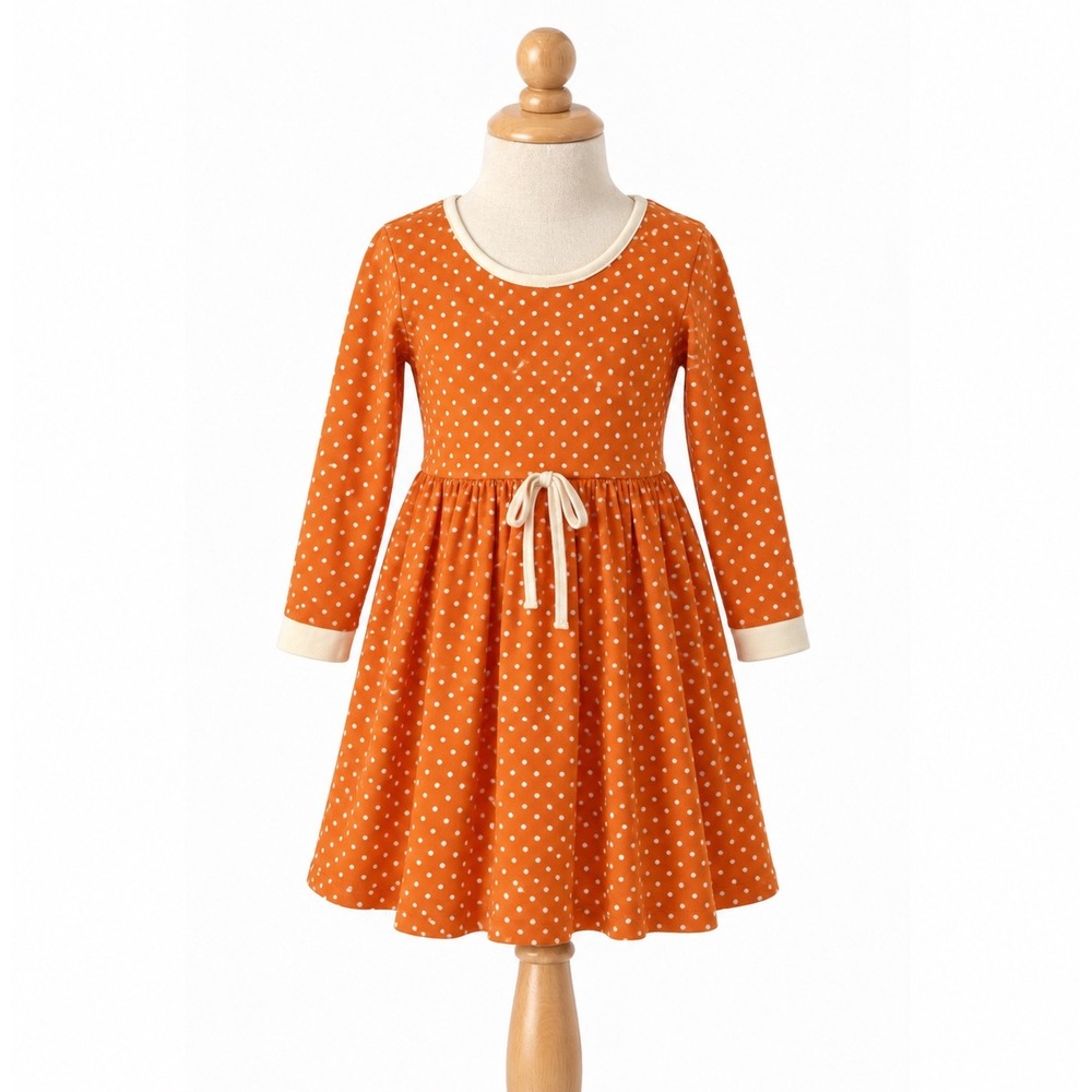 Eleanor Rose Orange White Polka Dot Kids Girls Dress Size 5-6 Long Sleeve Cotton